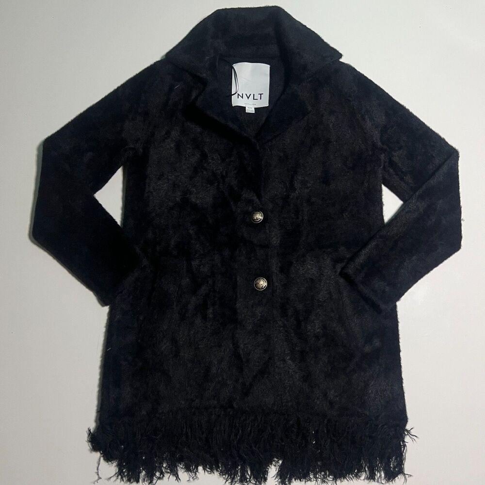 NVLT Womens XS Black Long Faux Fur Coat Fringe Hem Fuzzy Winter Jacket